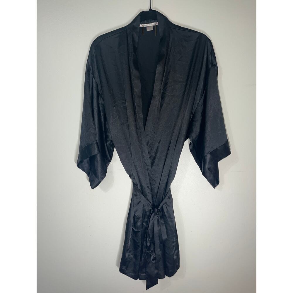Victoria Secret Robe OSFM OS Black Satin Feel GUC Pockets Tie Midi Short Sleeve